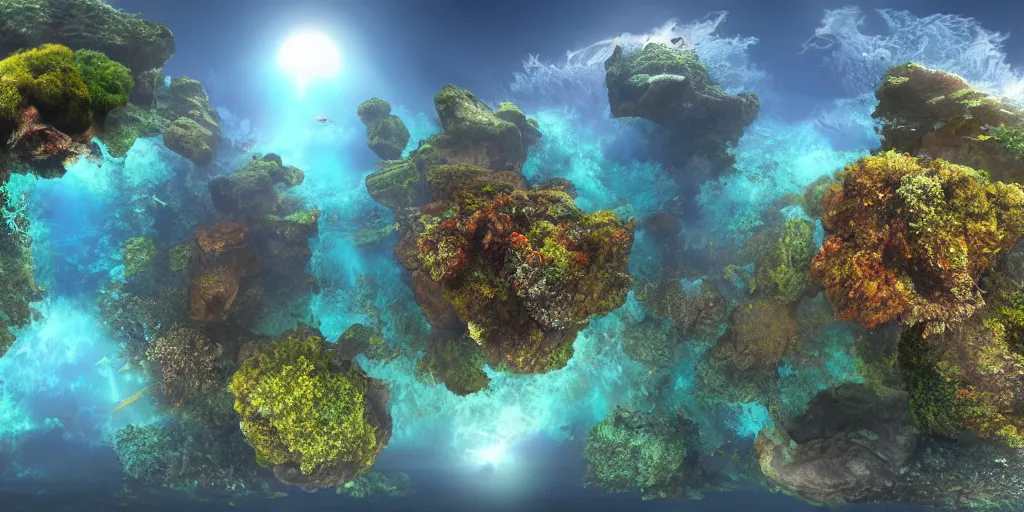 Image similar to 3 6 0 panorama hdr environment map of a underwater world fantasy photograph very high detail focus octane render