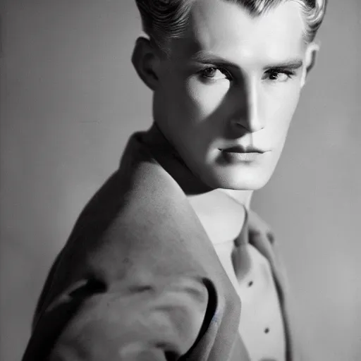 Prompt: a close - up photography of a blonde male! actor from the 1 9 3 0 s. high cheekbones. good bone structure. dressed in 1 9 4 0 s style. butterfly lightning. key light sculpting the cheekbones. by george hurrell.