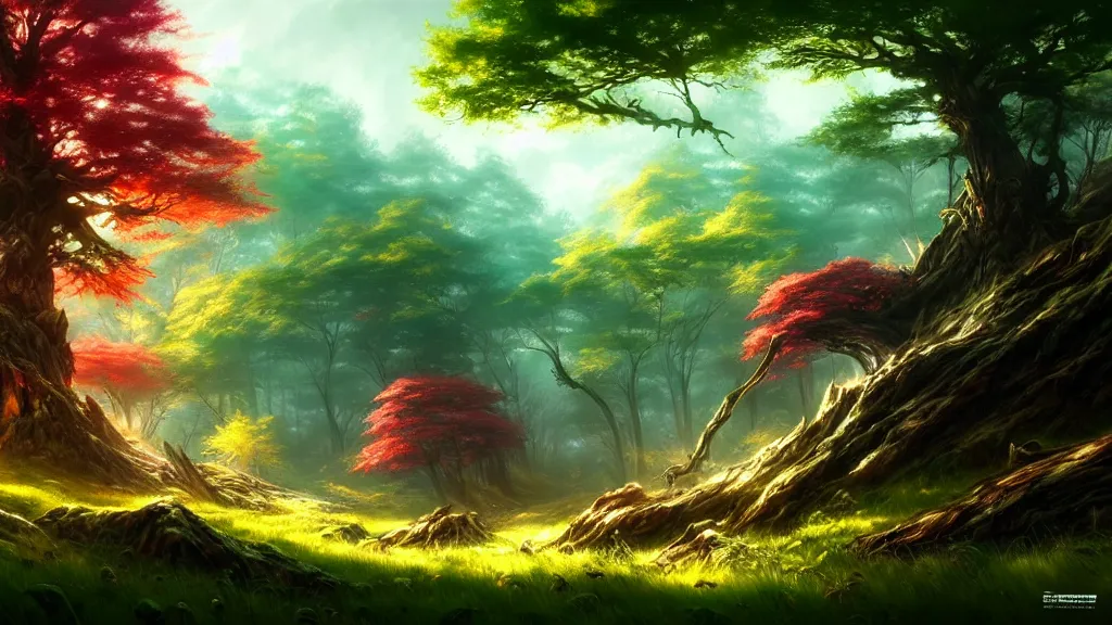 Image similar to forest clearing landscape, bright colors, fantasy, elegant, highly detailed, digital painting, artstation, concept art, smooth, sharp focus, illustration, wide angle, artbook, wallpaper, splash art, promo art, soul calibur, league of legends, art by artgerm and greg rutkowski and bo chen and jin xiaodi