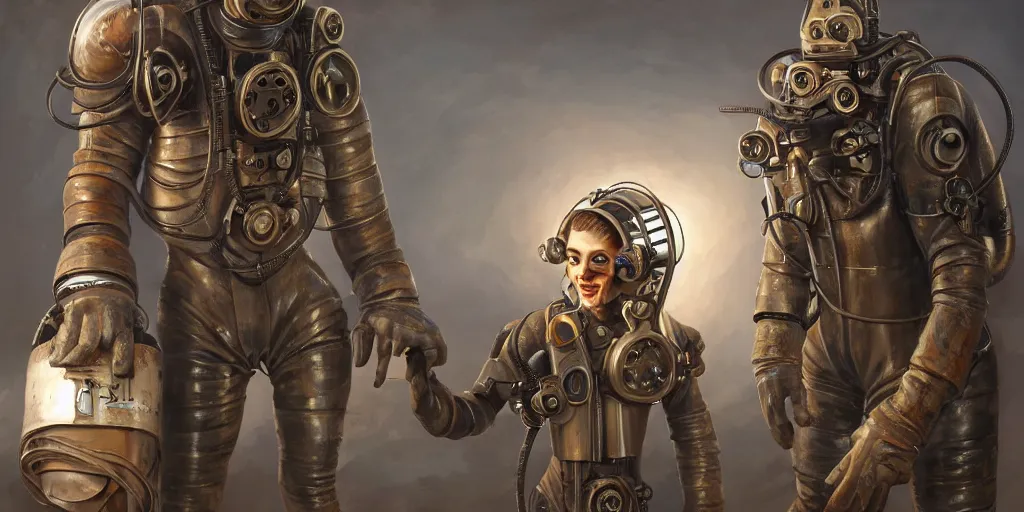 Image similar to highly detailed portrait painting of welder and angelina joile in atmospheric diving suit, mono eyed, by eddie mendoza and tyler edlin, windows, 8 k resolution