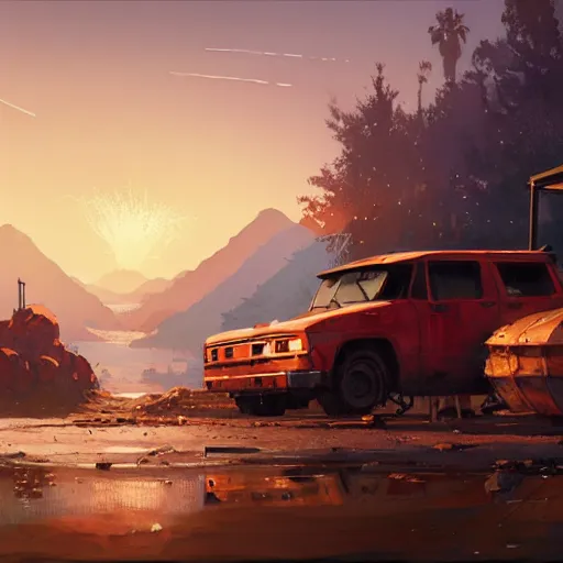 Image similar to huge pack of dynamite on a red rusty oil - drum in gta v, stephen bliss, unreal engine, fantasy art by greg rutkowski, loish, rhads, ferdinand knab, makoto shinkai and lois van baarle, ilya kuvshinov, rossdraws, tom bagshaw, global illumination, detailed and intricate environment