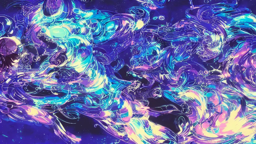 Image similar to detailed and realistic illustration of two presons dancing together, around them a swirl of colors and spirits of fantastic animals surrounding them in a glow, dark blue and intense purple color palette, art by kuvshinov ilya and kojima ayami and amano yoshitaka, 4 k