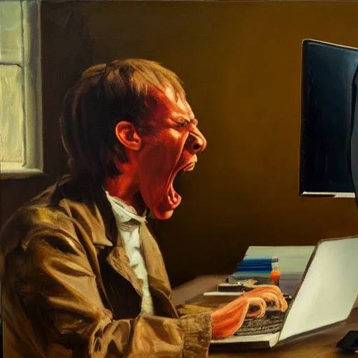 Prompt: an angry man yells at his computer monitor, oil on canvas, highly detailed