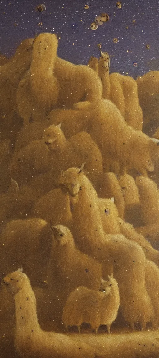 Image similar to detailed renaissance oil painting of an alpaca shaped building standing in the desert of pastel feathers lit by small fireflies at night