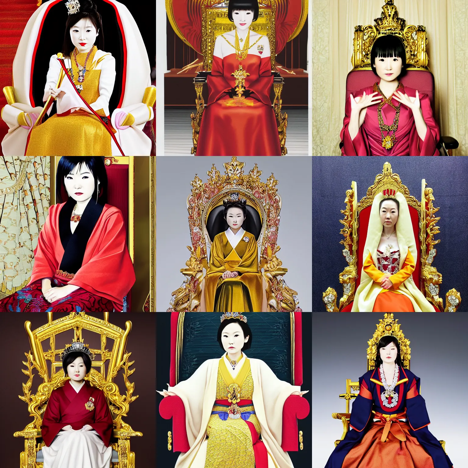 Prompt: regal yui hiwasawa from sitting on queens throne royalty wearing royal mantle gold jewelry by alex ross