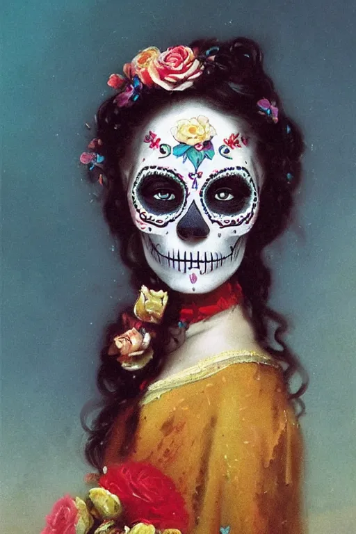 Image similar to illustration of a sugar skull day of the dead girl, art by Ivan Aivazovsky