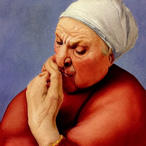 Image similar to of a very funny renaissance style oil painting of a sweet fat old woman kissing herself. symmetrical face, red mouth, blue eyes. a flowered dress. a hyper - realistic scene. 3 d, octane processing, deep focus. a very funny and sweet picture. unreal engine. watercolor. fellini cinematic style. poster quality. freud painting style.