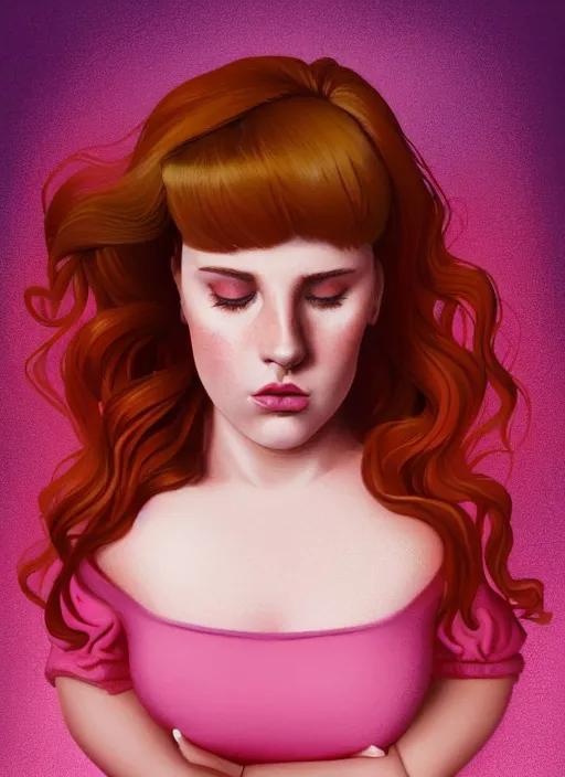 Image similar to full body portrait of teenage cheryl blossom, chubby, bangs, green eyes, sultry expression, red hair, sultry smirk, bangs and wavy hair, pink skirt, fat, intricate, elegant, glowing lights, highly detailed, digital painting, artstation, concept art, smooth, sharp focus, illustration, art by wlop, mars ravelo and greg rutkowski