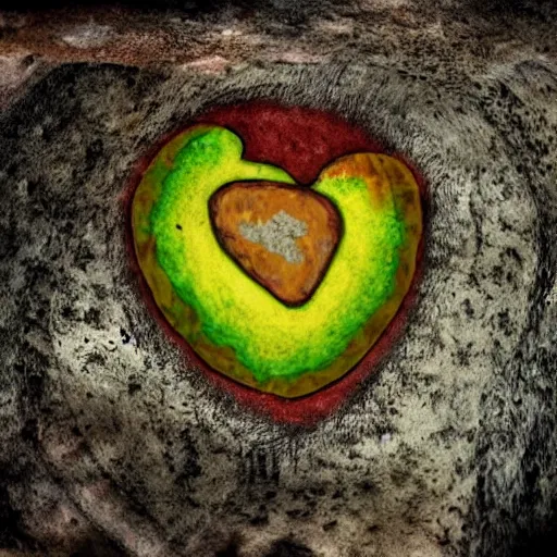 Image similar to realistic photo of a cave painting petroglyph of an avocado inside a heart, parietal art style, inside a cavern, cave painting, sepia colors