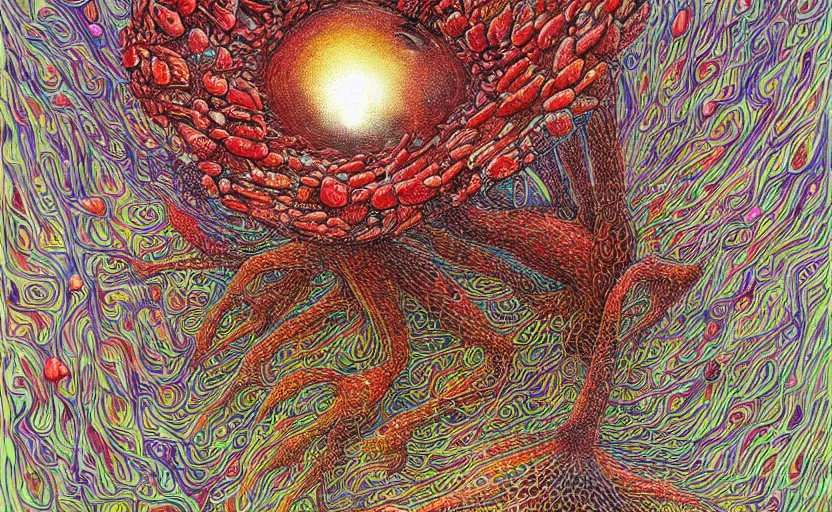 Image similar to beautiful psychedelic amanita muscaria energy flow in the style of peter gric