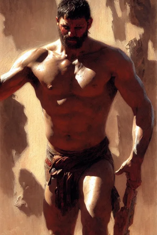 Image similar to Gladiator, muscular, detailed face, correct face, painting by Gaston Bussiere, Craig Mullins