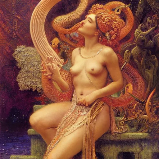 Image similar to detailed potraitof hidu goddes kali and serpent, girl graceful,, painting by gaston bussiere, craig mullins, j. c. leyendecker, lights, art by ernst haeckel, john william godward, hammershøi,,