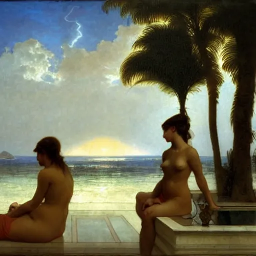 Prompt: Silhouette of five girl at the palace, thunderstorm, greek pool, beach and palm trees on the background major arcana sky, by paul delaroche, alphonse mucha and arnold böcklin arnold böcklin hyperrealistic 8k, very detailed