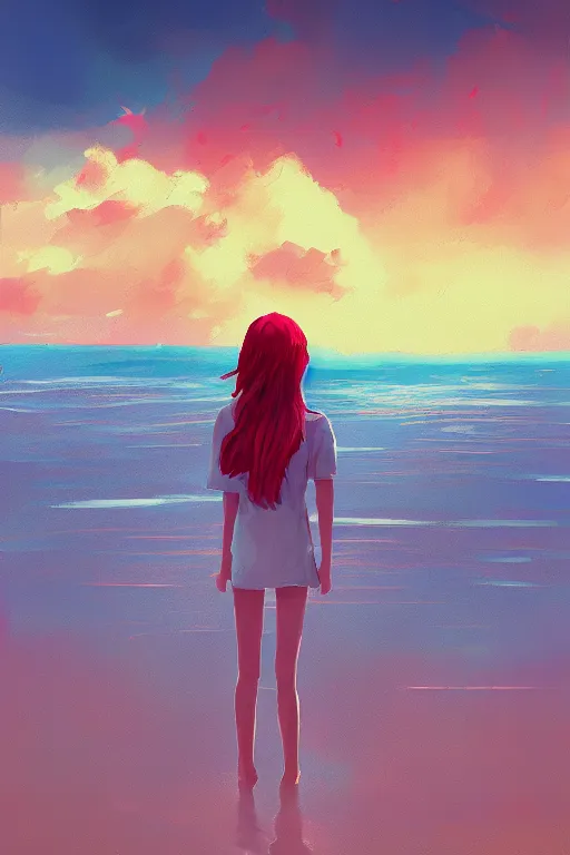 Prompt: a red haired young girl beach surreal photography, sunrise, dramatic light, impressionist painting, colorful clouds, digital painting, artstation, simon stalenhag