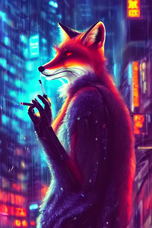 Image similar to beautiful portrait of a tall female anthro fox, smoking a cigarette in a crowd, a wet city street, cyberpunk, harsh neon lights, highly detailed, deep shadows, digital painting, shallow depth of field, illustration, art by sakimichan, artgerm