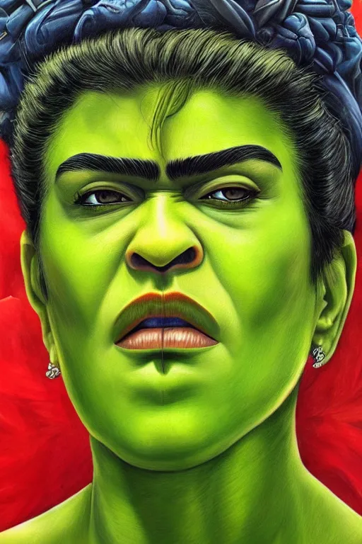 Image similar to ultra detailed incredible hulk portrait in the style of Frida Kahlo