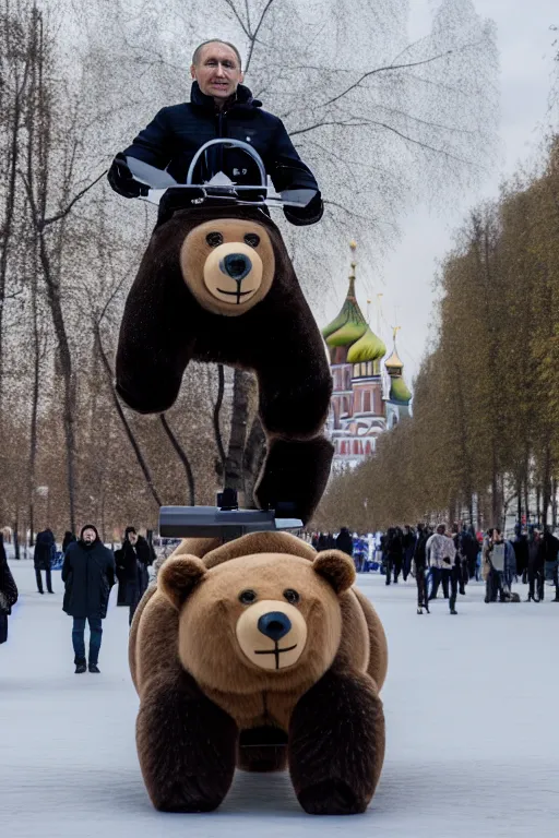 Image similar to a picture of putin ride robotic bear in moscow. - photorealistic, pullitzer winning, taken with canon eos 5 d mark iv, versatile, lens interoperability, autofocus, 4 k uhd video capture at 3 0 fps, 8 k time - lapse functions, by karah mew, jodie bateman