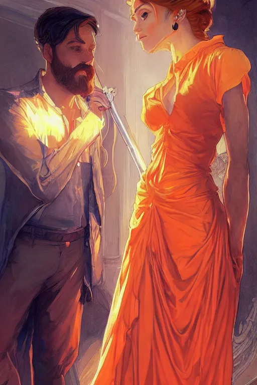 Image similar to bearded young man wearing orange t - shirt and tinfoil hat fastens zipper on beautiful black dress of his spouse before going to exquisite gala art by artgerm and greg rutkowski and charlie bowater and magali villeneuve and alphonse mucha