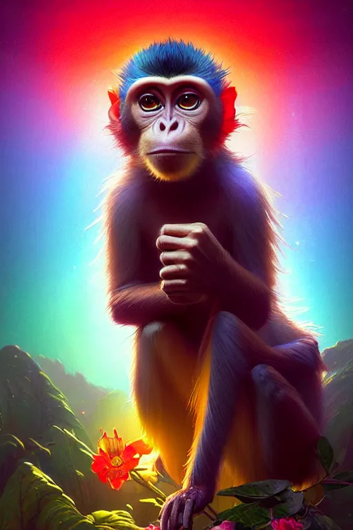 Image similar to highly detailed portrait of rainbow - colored cappuccin monkey, stephen bliss, unreal engine, fantasy art by greg rutkowski, rhads, ferdinand knab, makoto shinkai and lois van baarle, ilya kuvshinov, rossdraws, tom bagshaw, global illumination, radiant light, red blue theme, jungle, flowers