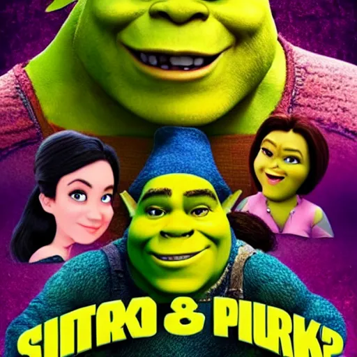 Image similar to a movie poster for a shrek film with aliens and a hat