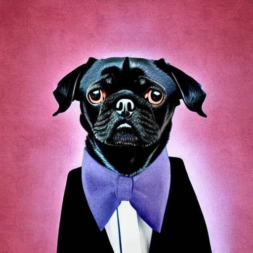 Image similar to a salvador dali portrait of black pugalier dog wearing suit and tie, surreal background, by salvador dali, trending on instagram, award winning details