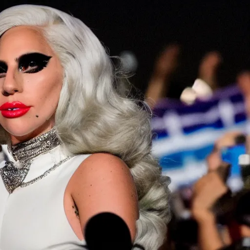 Image similar to Lady Gaga with detailed face as president, Argentina presidential rally, Argentine flags behind, bokeh, giving a speech, Argentina