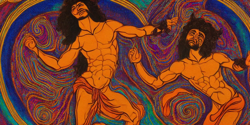 Prompt: an abstract spiritual background, a latino greek god dancing in ecstasy, clear eyes. 2 4 mm, photorealistic, muted color scheme, directed by mati klarwein