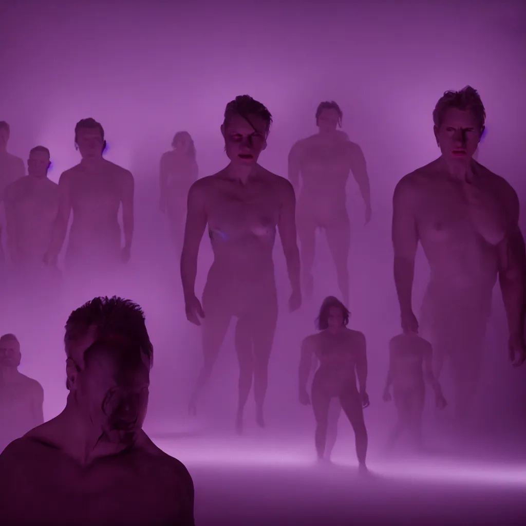 Image similar to cinestill of a giant form made of purple wax float through the living room film still from the movie directed by denis villeneuve with art direction, pouring rain menacing lights shadows, 8 k, hd, high resolution, 3 5 mm, f / 3 2, ultra realistic faces, lost highway