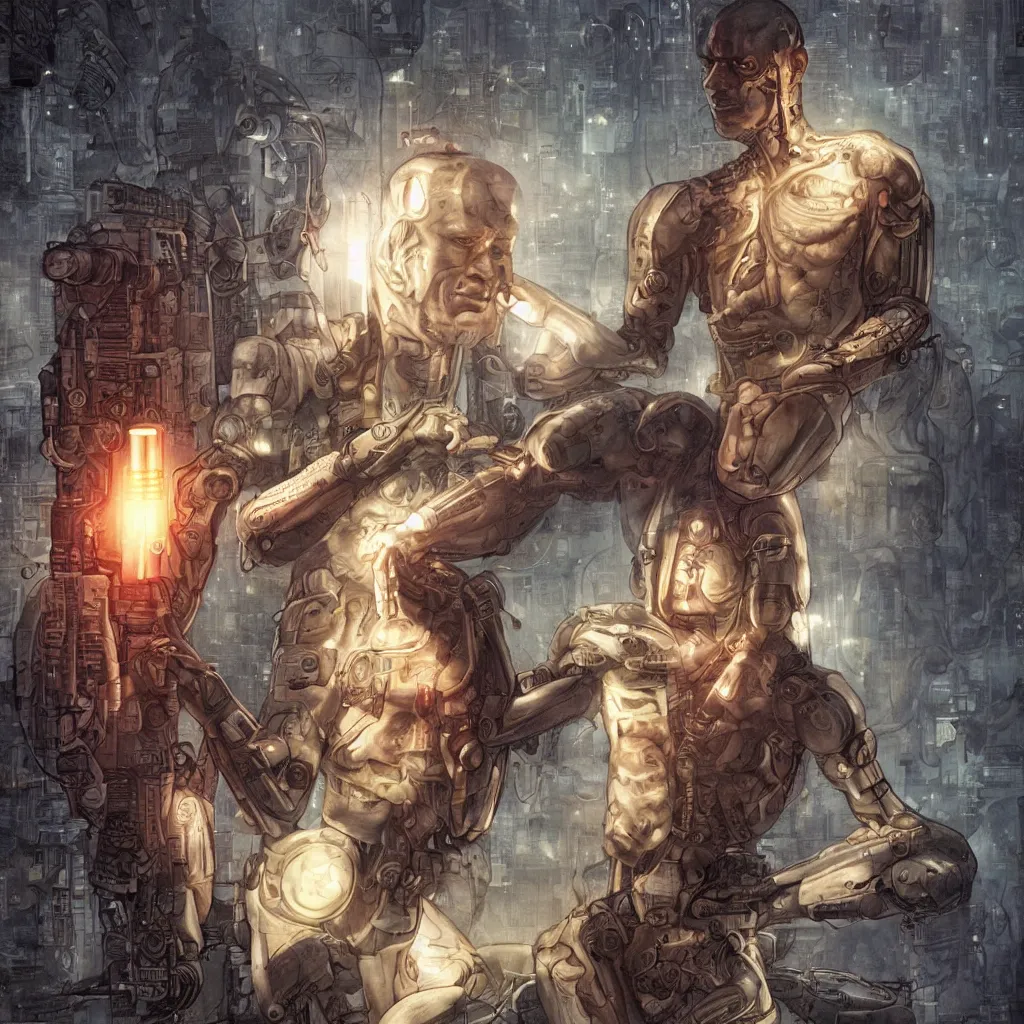Prompt: Half cyborg half monk discovering enlightenment in a futuristic 2300