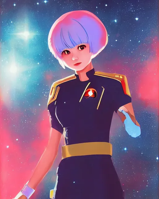 Image similar to Portrait of Rei Ayanami, as a Starfleet officer, Starfleet uniform, stars, nebula, sparkling, bokeh, 50mm, highly detailed by Paul Lehr