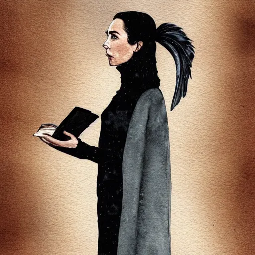 Image similar to full body detailed watercolor illustration of alien jennifer connelly mixed with anya taylor - joy, reading a book, unsettling, hooded long black feathered cloak, uncanny valley, with black feathers instead of hair, gothic, guillermo del toro, gray mottled skin, pale and sickly, profile view, - - ar 9 : 1 6