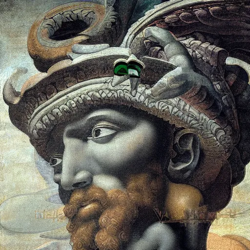 Image similar to high quality, high detail painting by michelangelo, portrait of the quetzalcoatl, hd, muted lighting