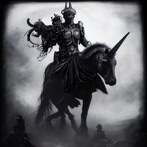 Image similar to By Tom Bagshaw and Boris Vallejo, ultra realist soft painting of a warzone by night, centered Gothic armored unicorn standing, horror, omnious sky, symmetry accurate features, very intricate details, black and white, volumetric light clouds