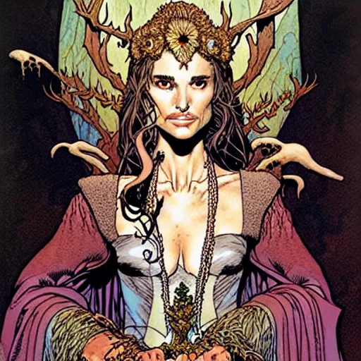 Image similar to a portrait of natalie portman as a druidic wizard by rebecca guay, michael kaluta, charles vess and jean moebius giraud