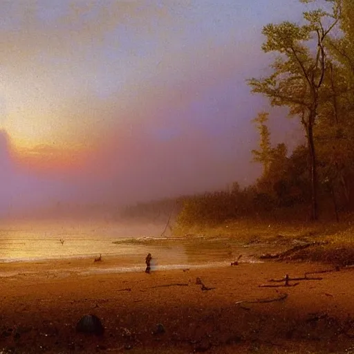 Image similar to An 1858 detailed oil painting of lost paddles on a primeval New England beach, by Albert Bierstadt. Misty, beautiful, natural, golden light.