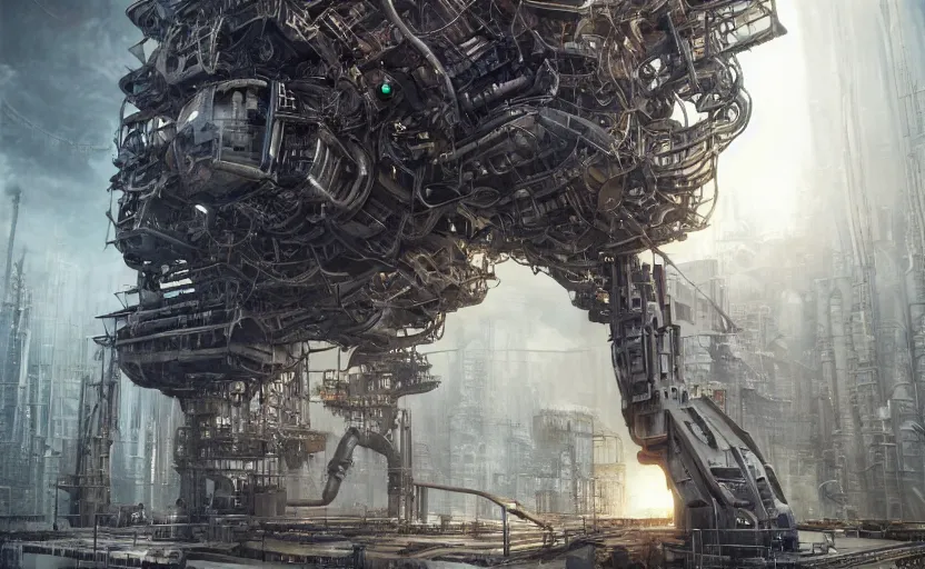 Image similar to Industrial complex, hyperrealistic mixed media, stunning 3d render inspired art by P. Craig Russell and Barry Windsor-Smith + perfect facial symmetry + dim volumetric lighting, 8k octane beautifully detailed render, post-processing, extremely hyperdetailed, intricate futuristic mechanic parts, epic composition, grim yet sparkling atmosphere, cinematic lighting + masterpiece, trending on artstation