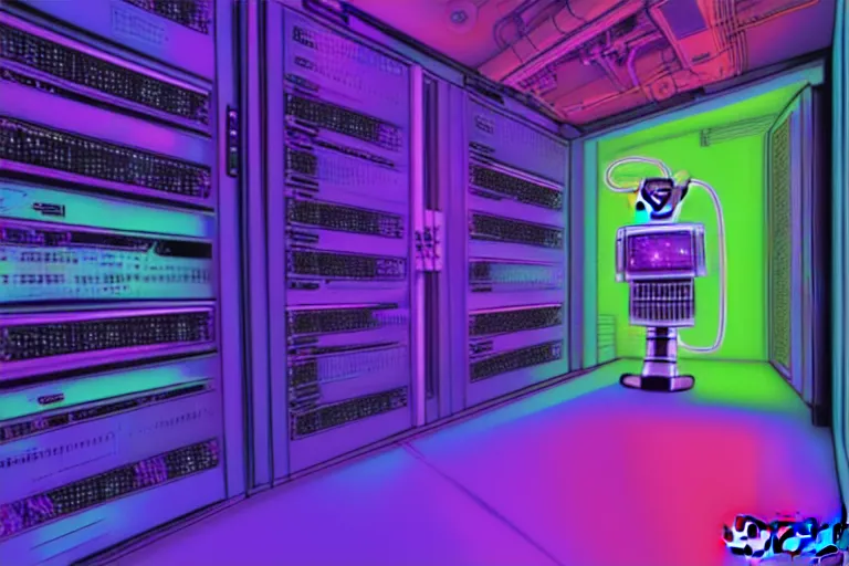 Image similar to realistic robot in a data server room, neon and dark, purple and blue color scheme, by dan mumford and malevich