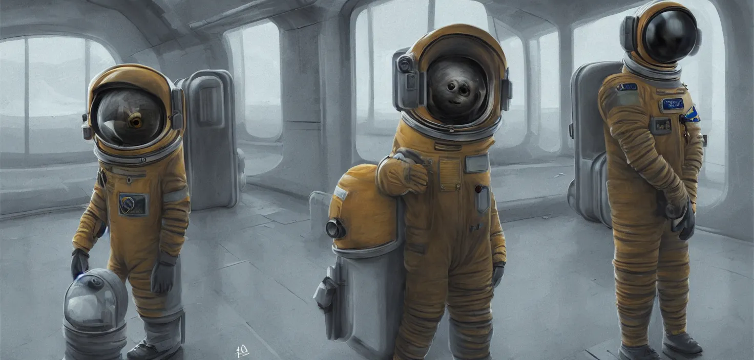 Image similar to anthropomorphic cosmonaut waiting for the train, dystopian art, artstation, photorealistic rendering, concept art