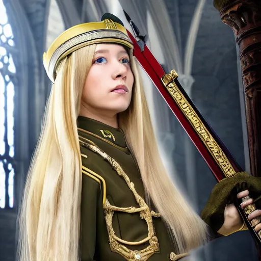 Image similar to oung princess with long blond hair in a German military uniform stands in the cathedral with a sword, in the style of anime, by Otomo Katsuhiro, HD, 8K