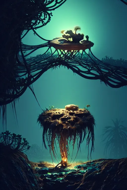 Image similar to dead god bioluminescent creature in a desert lush vegetation, warm tones, night, water reflection : : by michal karcz, daniel merriam, victo ngai and guillermo del toro : : ornate, dynamic, particulate, intricate, elegant, highly detailed, centered, artstation, smooth, sharp focus, octane render, 3 d