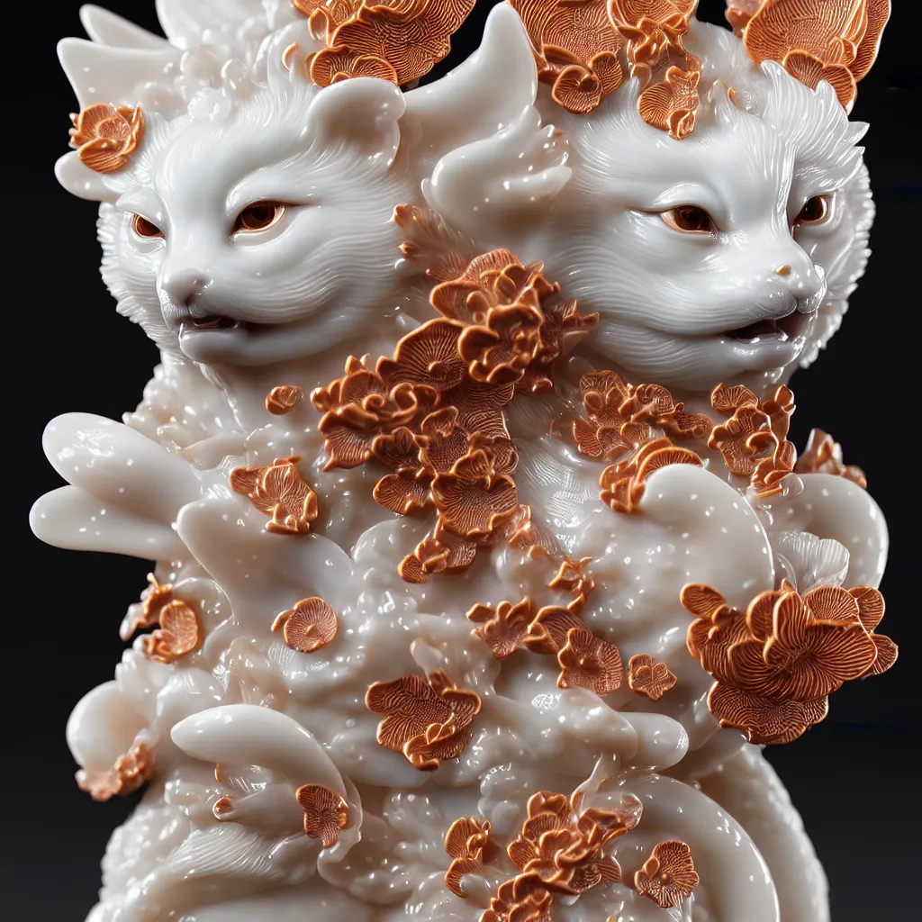 Image similar to a single close up photo - real delicate ceramic porcelain sculpture of an ornate kitsune detailed in front of an intricate background by victo ngai and takato yamamoto, micro detail, backlit lighting, face in focus, subsurface scattering, translucent, thin porcelain, octane renderer, colorful, physically based rendering, japanese pottery, trending on cgsociety