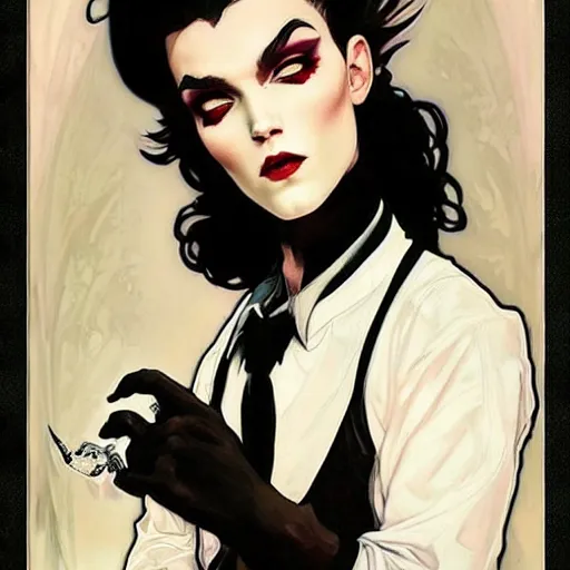 Image similar to beautiful portrait of androgynous ruby rose as desire from sandman in a white tuxedo!!!, rockabilly style, by alphonse mucha, cedric peyravernay, by jeremy mann, by frank moth, white suit and black tie, soft lightning, high detailed, 8 k