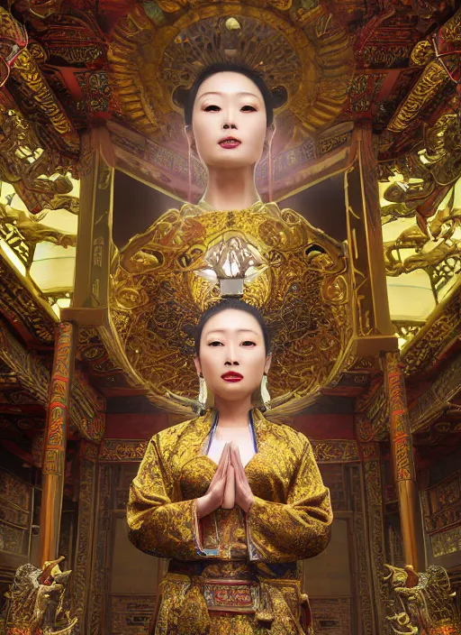 Prompt: godly Chinese ancient sentiel standing in the ancient temple during magical ritual, symmetrical face, big eyes and lips, looking down, subtle makeup, clean face and body skin,ecstatic expression,volumetric lights,depth of field, lens flares, dust in the air, moody lighting, intricate, elegant, highly detailed, centered, smooth, sharp focus, Donato Giancola, Joseph Christian Leyendecker, WLOP, Boris Vallejo, Artgerm moody photography, old photo, black and white, sepia, cinematic lighting, cinematic angle, national geographic