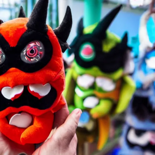 Image similar to devilish - looking demon plushies being sold at an amusement park