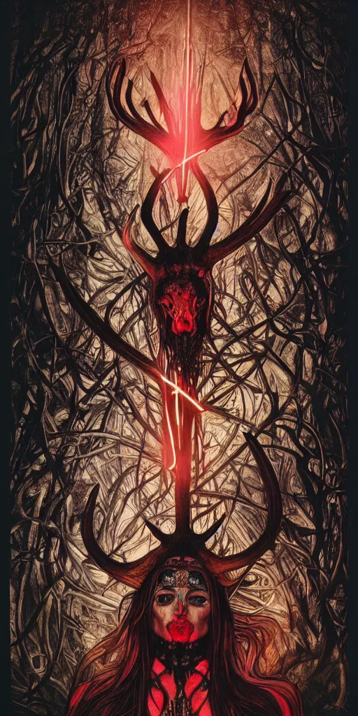 Image similar to intense glowing black metal pagan god with antlers and blood and intense glowing eyes with a bull skull in very dark forest by giger and alphonse mucha, portrait, fantasy, clear, red and teal and shining gold, light beams, lens flare, intense, uhd, amazing depth, cinematic lighting