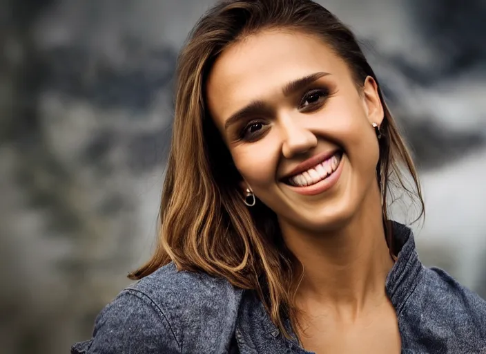 Prompt: a closeup, 4 5 mm, detailed photo of a woman smiling half jessica alba half nathalie portman half scarlett johansson, beautiful low light, 4 5 mm, by franz lanting