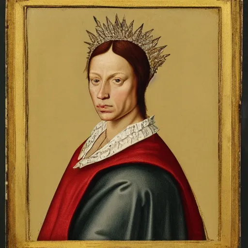 Image similar to a renaissance style portrait of a mule wearing a crown and a cape, dark background