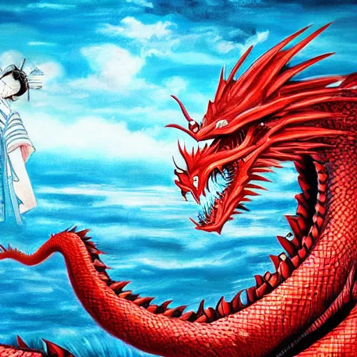 Image similar to great red bloody dragon goes against samurai and a beautiful geisha under intense dark clouds fighting tooth and blood over the great vast blue ocean oil painting 8 k