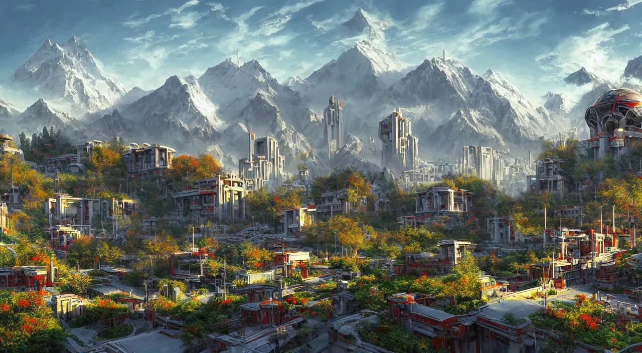 Prompt: futuristic sci-fi city under Kashmir mountains, mosques made of wood in ornate style, and hill valley grec greeble glory island little wood bridge painting of tower, maple with red leaves, and cottages ivy plant in marble late afternoon light, wispy clouds in a blue sky, by frank lloyd wright and greg rutkowski and ruan jia