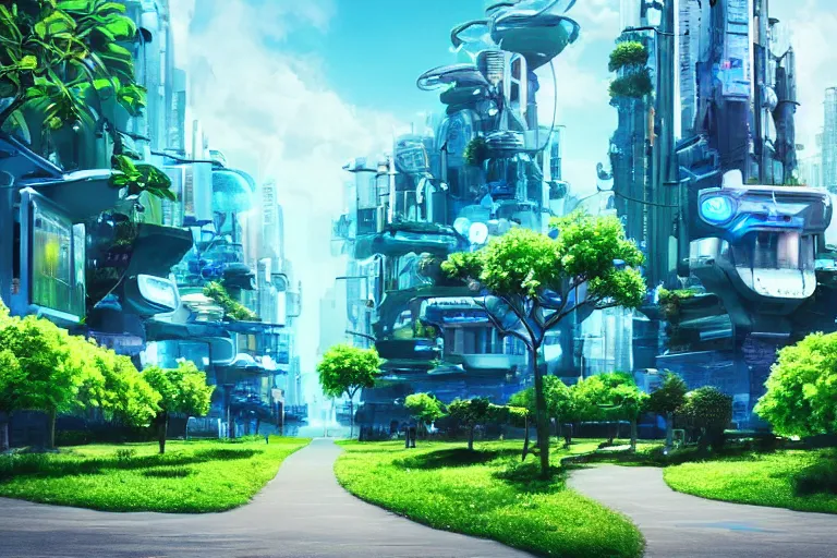 Prompt: a cinematic wideangle photograph of a utopian futuristic city street, green plants, blue sky, beautiful lighting, ultra realistic, movie still, futuristic utopia, ultra realistic